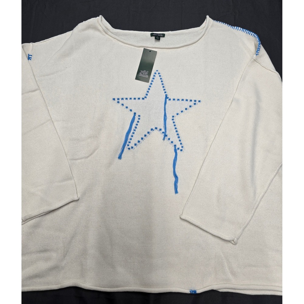 Wild Fable Womens 3X Off White Blue Star Fringe Knit Sweater NWT Oversized Boho
